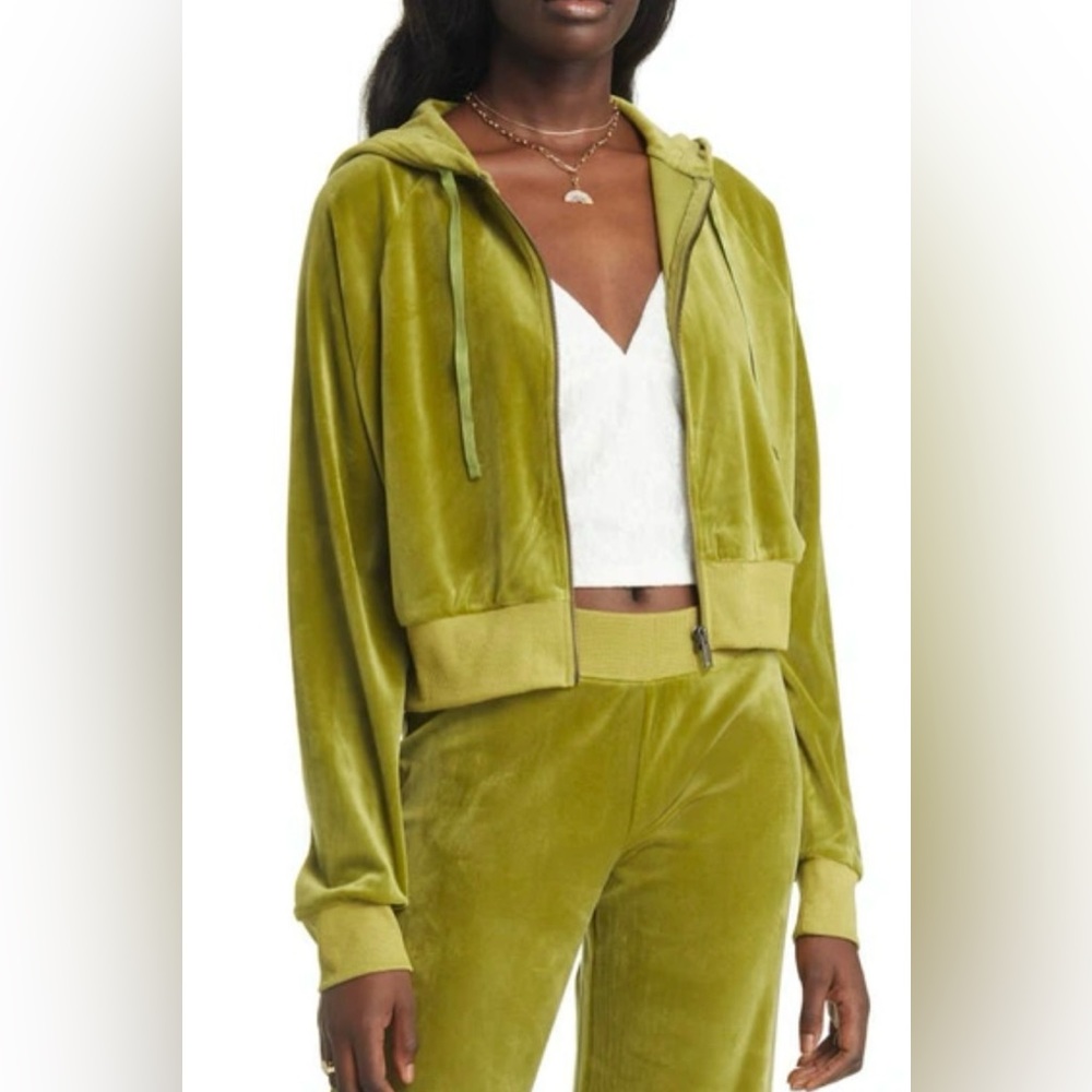 NWT BP Velour Cropped Zip Up Hoodie  Color Olive Woodland Green Women Size S